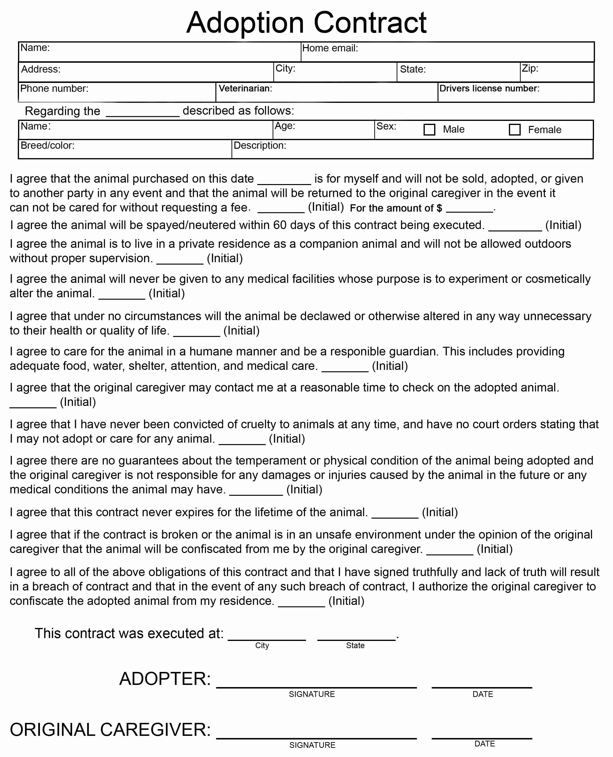 Dog Training Contract Template Lovely Simple Adoption Contract 1 Animal Rescue Professionals