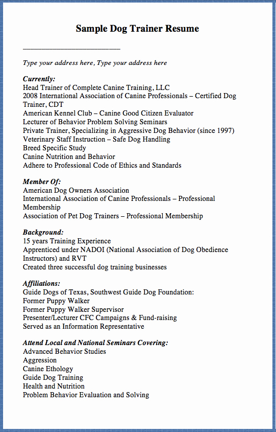 Dog Training Contract Template Unique Sample Dog Trainer Resume Type