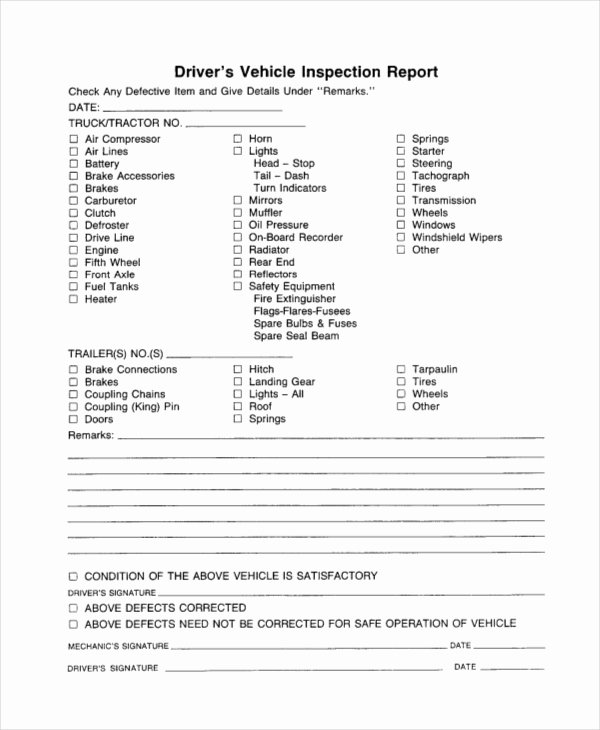 Driver Vehicle Inspection Report Template Beautiful Drivers Vehicle Inspection Report form Pdf Templates