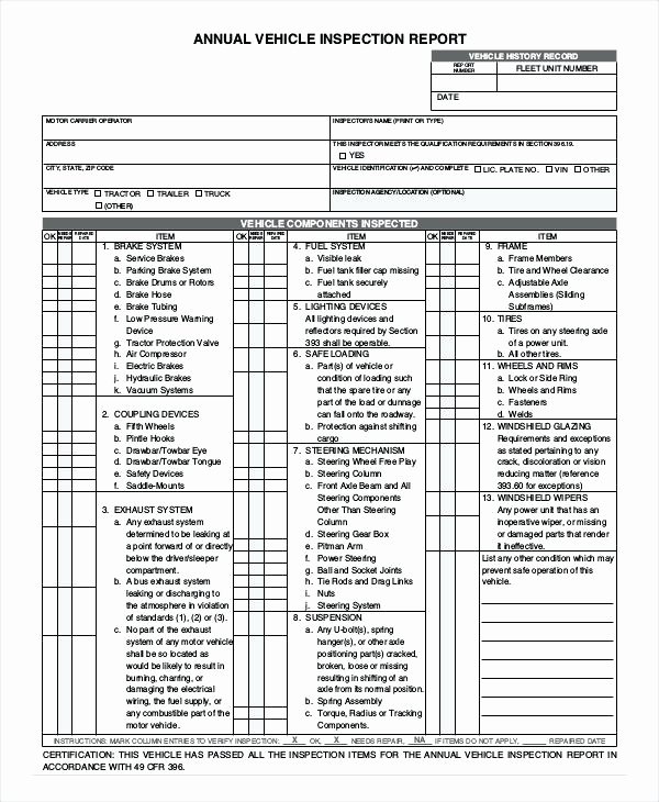 Driver Vehicle Inspection Report Template Unique Annual Vehicle Inspection Report form Template Driver