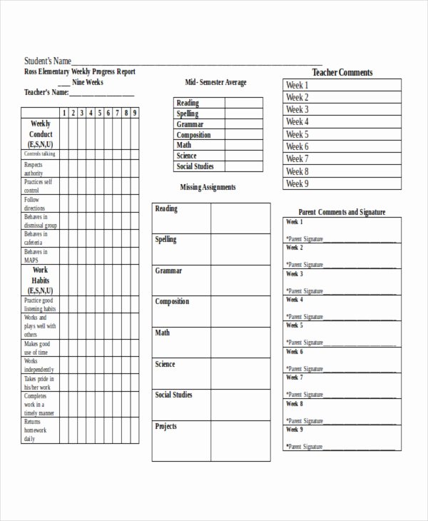 Elementary Progress Report Template Inspirational Weekly Student Report Templates 5 Free Word Pdf format