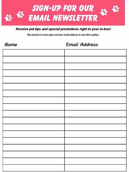 Email Signup Sheet Template Elegant Grooming Business Marketing Plan