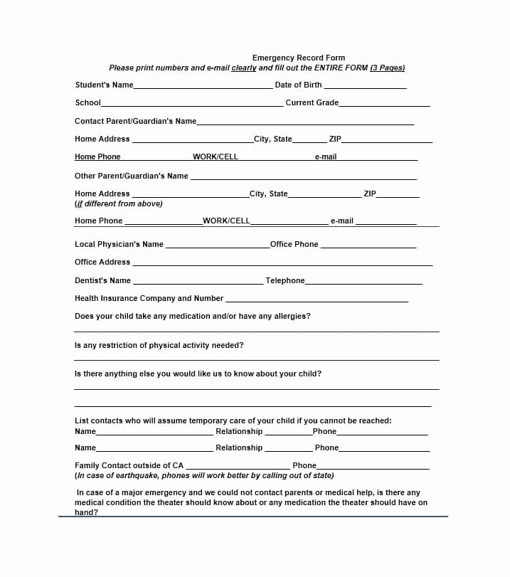 Emergency Medical form Template Elegant 54 Free Emergency Contact forms [employee Student]