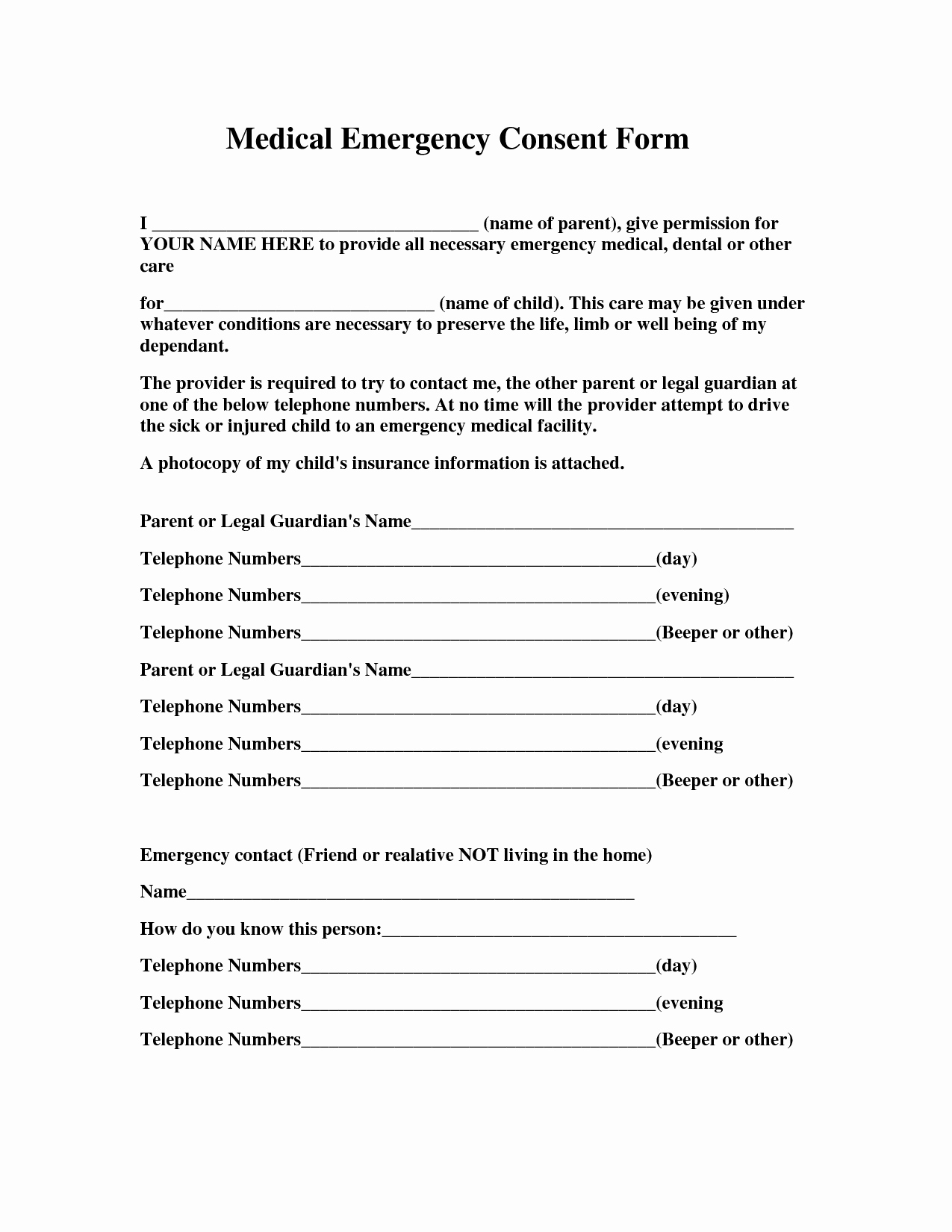 Emergency Medical form Template Luxury 6 Best Of Printable Emergency Authorization form