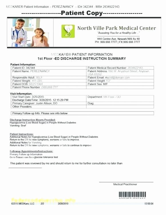 Emergency Room Doctor Note Template Inspirational Hospital Discharge Papers Template Emergency Room