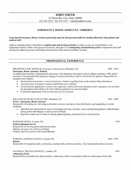Emergency Room form Template Awesome A Resume Template for An Emergency Room assistant You Can
