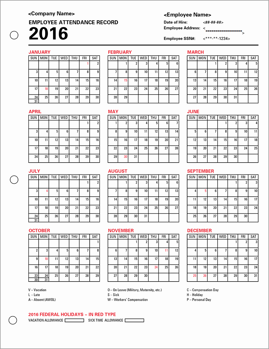 Employee attendance Records Template Unique Employee attendance Calendar