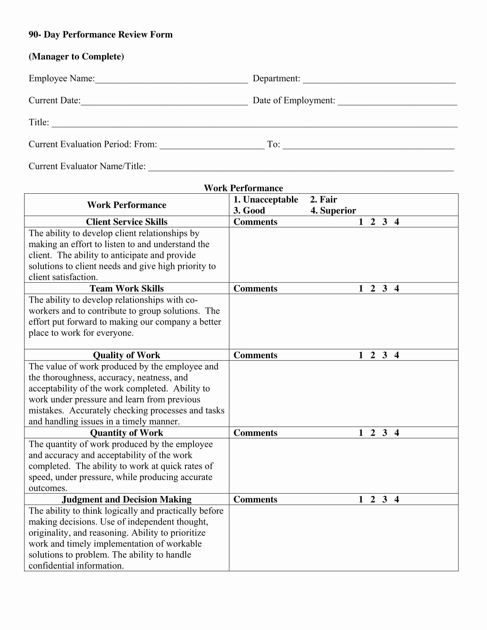 Employee Evaluation form Template Elegant 14 90 Day Review forms Free Word Pdf format Download
