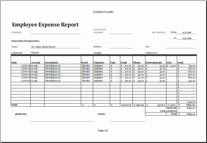 Employee Expense Report Template Lovely Excel Employee Expense Report Templates