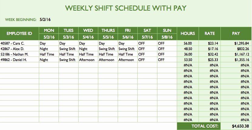 Employee Hourly Schedule Template Lovely Free Work Schedule Templates for Word and Excel