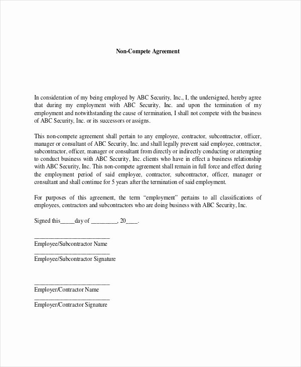 Employee Non Compete Agreement Template Lovely 9 Contractor Non Pete Agreement Templates Free