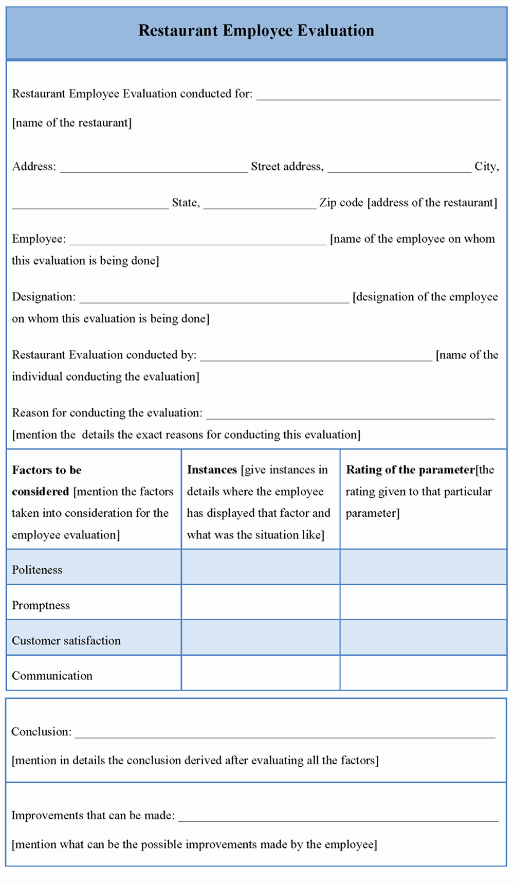 Employee Performance Evaluation Template Best Of Evaluation Template for Restaurant Employee Sample Of