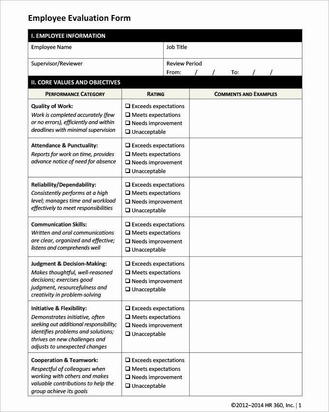Employee Performance Evaluation Template Fresh 17 Hr Evaluation forms Hr Templates