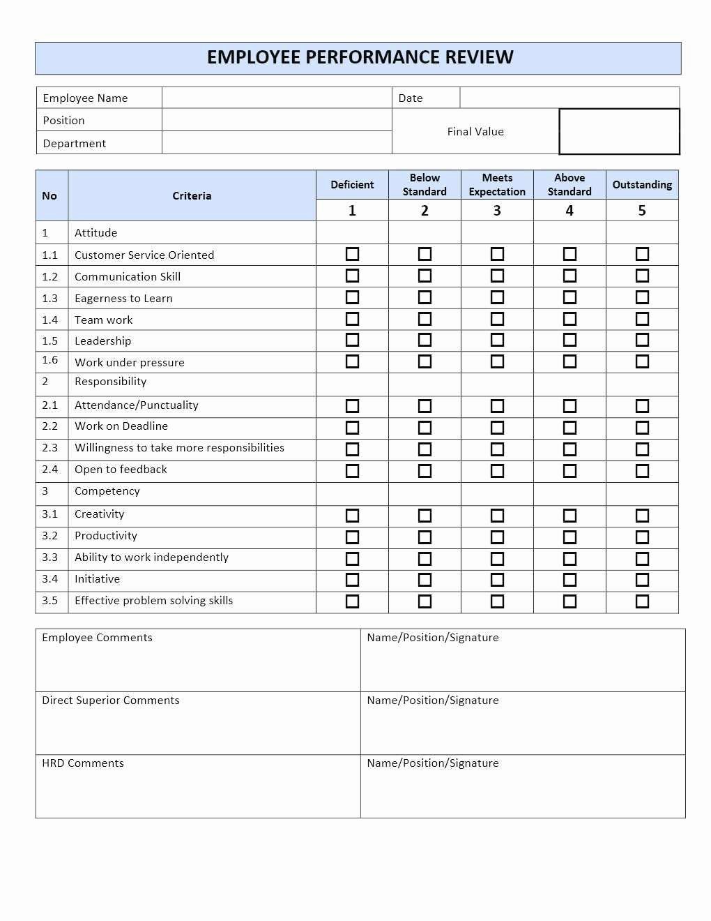 Employee Performance Review Template Excel Fresh Employee Performance Review Template Excel Unique