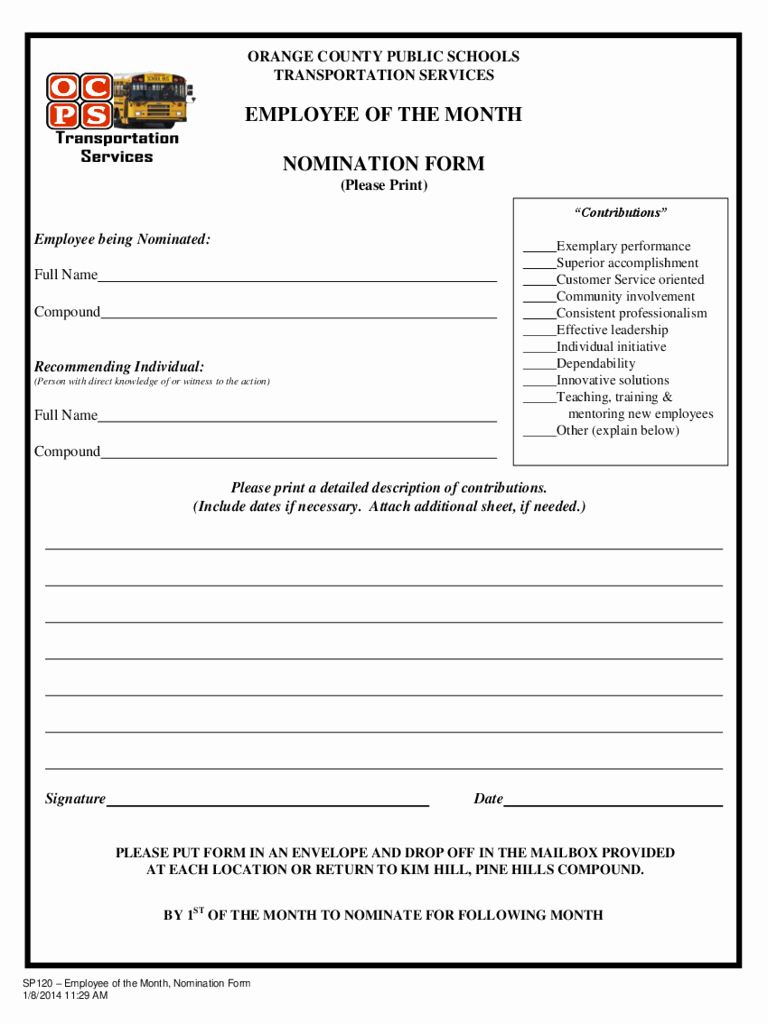 Employee Recognition form Template Best Of Employee the Month Nomination form 5 Free Templates In