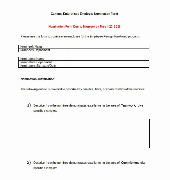 Employee Recognition form Template Inspirational Award Nomination form Template 12 Free Word Pdf