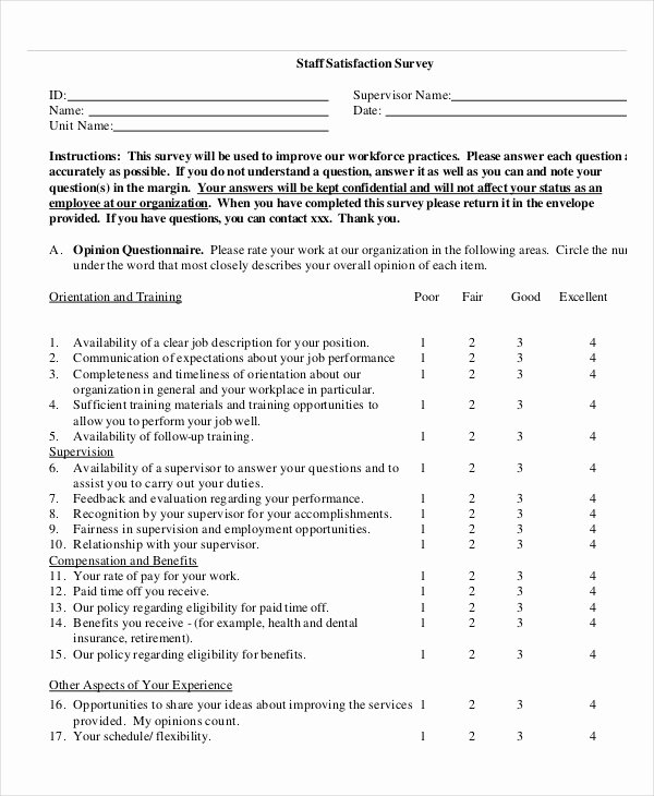 Employee Satisfaction Survey Template Awesome Staff Survey Template 7 Free Excel Pdf Documents