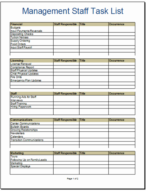 Employee Task List Template Awesome Management Staff Task List for Child Care Directors