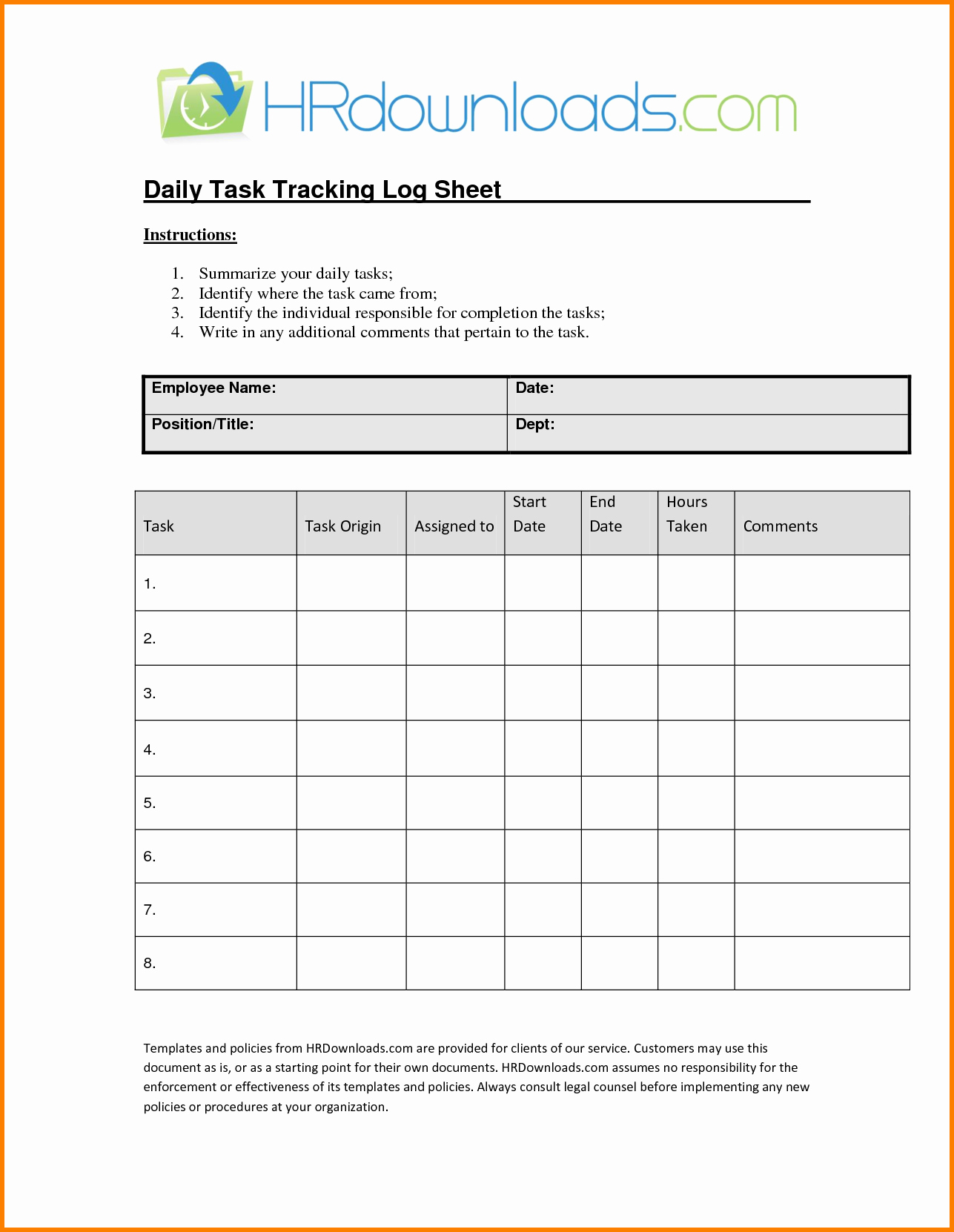 daily task sheet for employee 2696