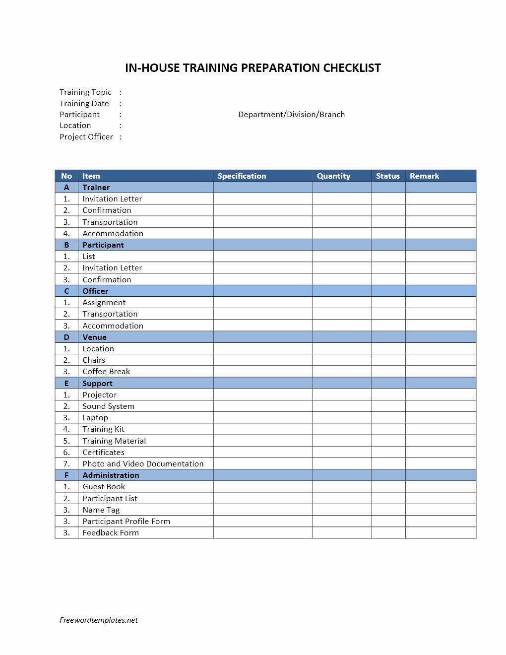 Employee Training Checklist Template New In House Training Preparation Checklist