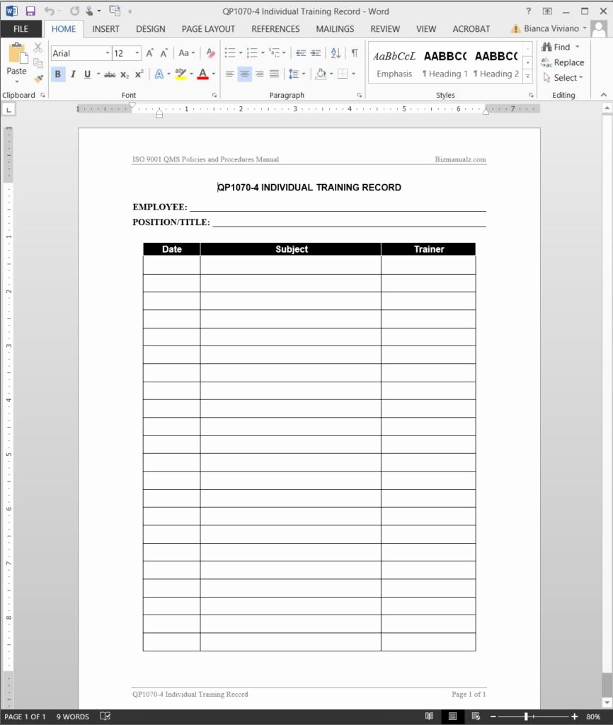 Employee Training Records Template Awesome Individual Training Record iso Template