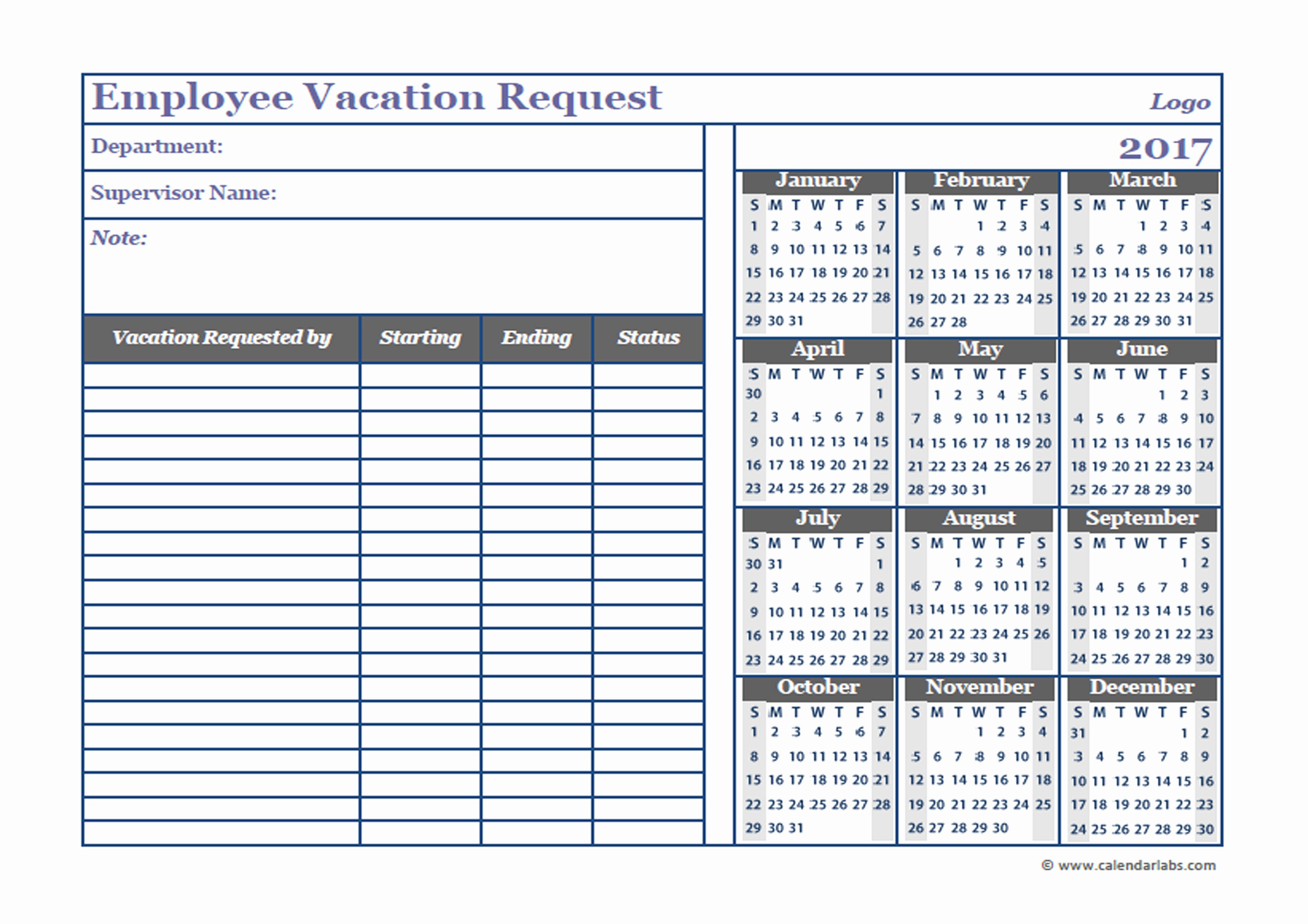 Employee Vacation Tracking Template Elegant 2017 Business Employee Vacation Request Free Printable