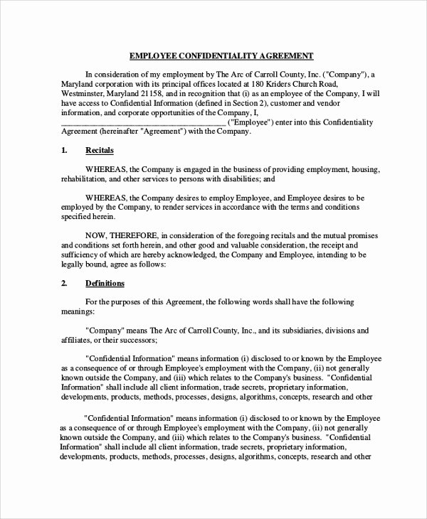 Employment Confidentiality Agreement Template Fresh 8 Sample Employee Confidentiality Agreements