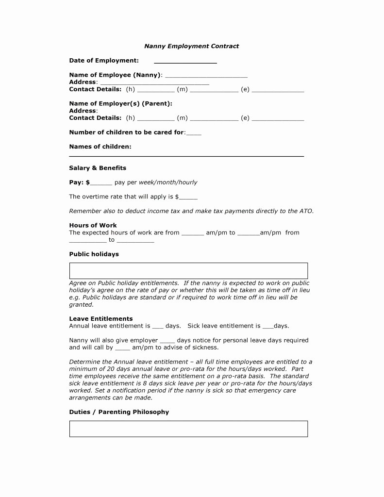 Employment Contract Template Word Awesome Nanny Contract Template