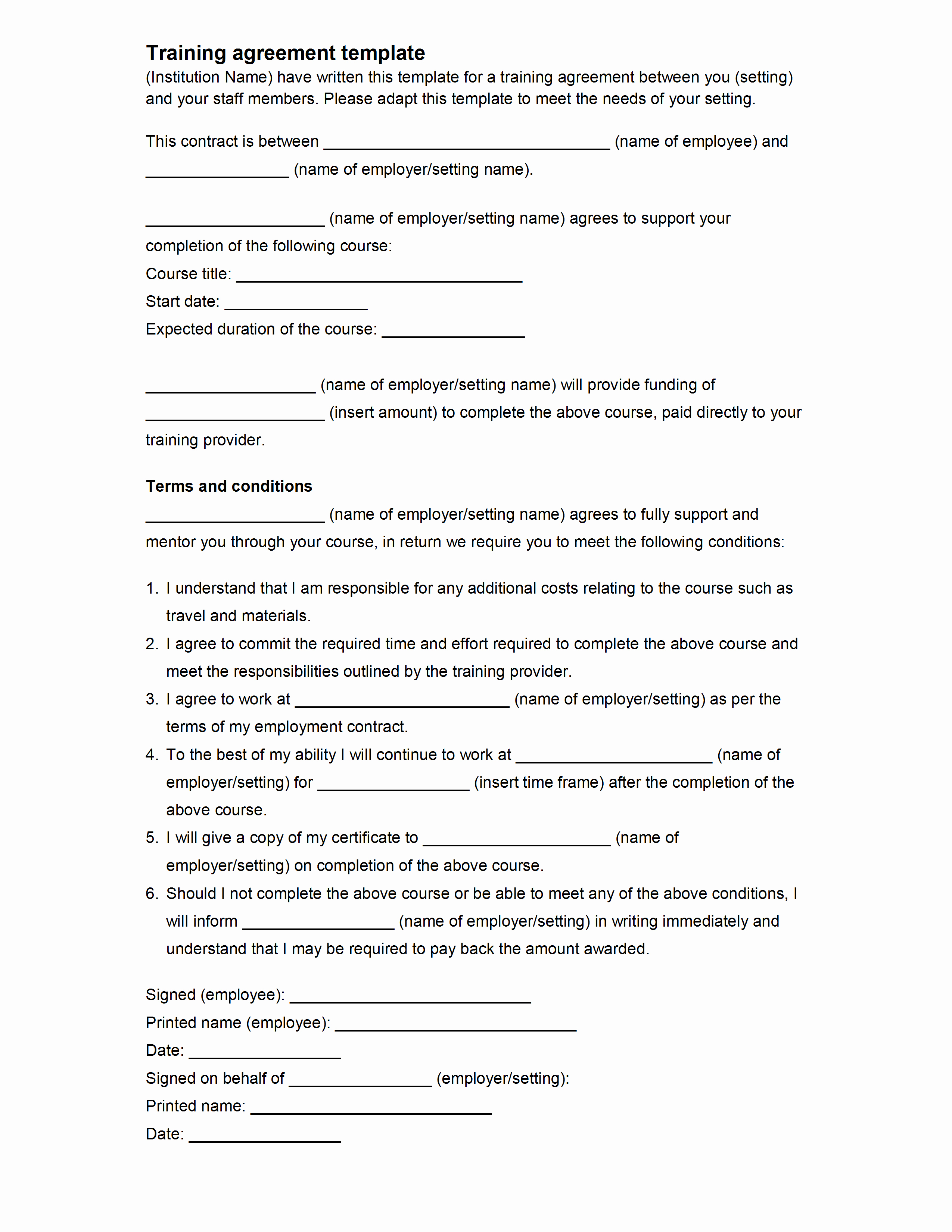 Employment Contract Template Word Luxury Employee Training Agreement Template