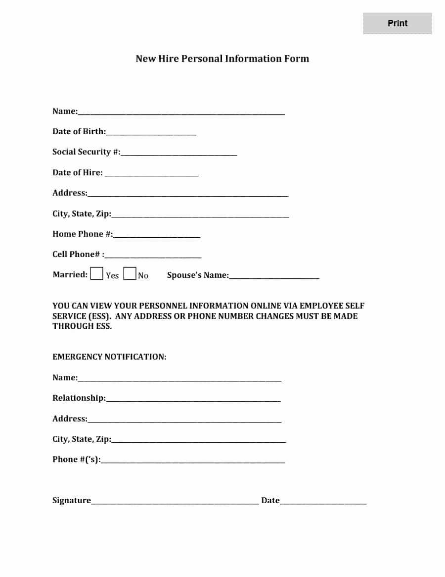 Employment Information form Template Awesome 47 Printable Employee Information forms Personnel
