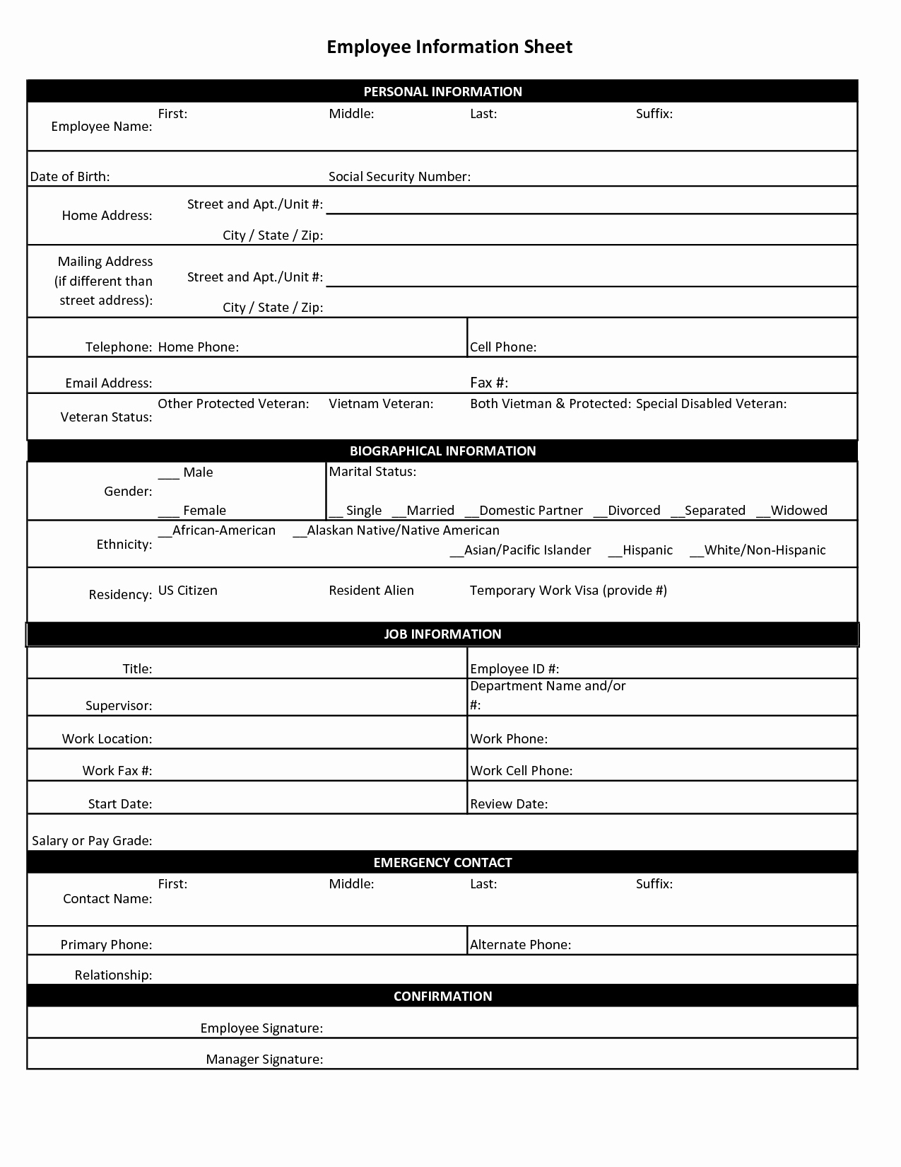 Employment Information form Template Awesome Employee Personal Information Sheet Hardsell