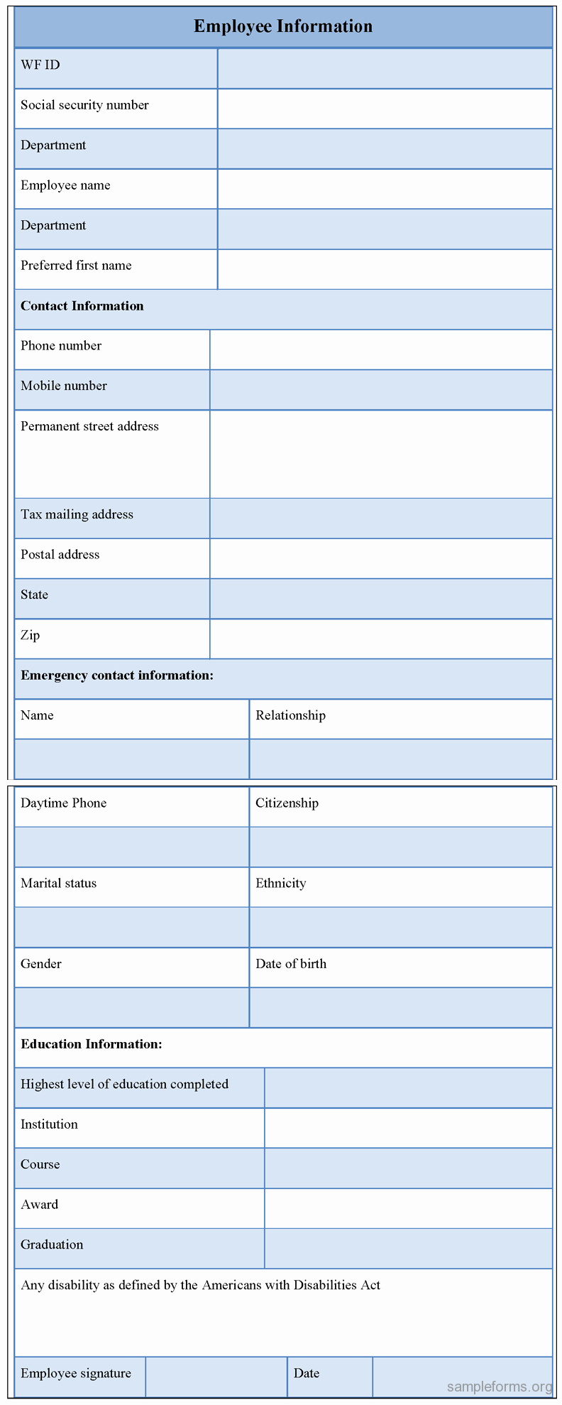 Employment Information form Template Inspirational Employee Information form Sample forms