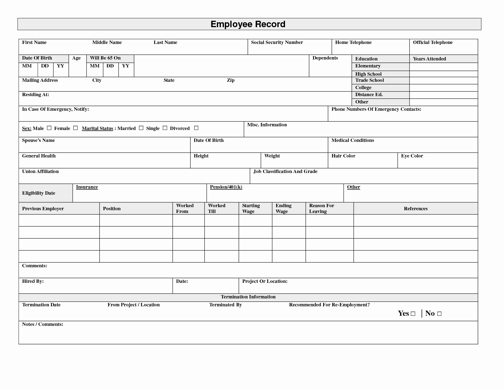 Employment Information form Template Inspirational Employee Record form Doc Business