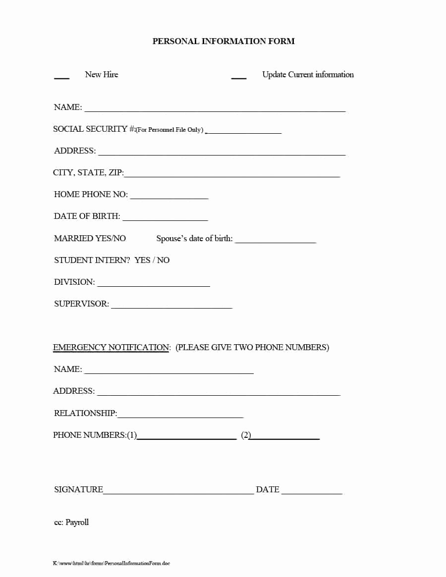 Employment Information form Template New 47 Printable Employee Information forms Personnel