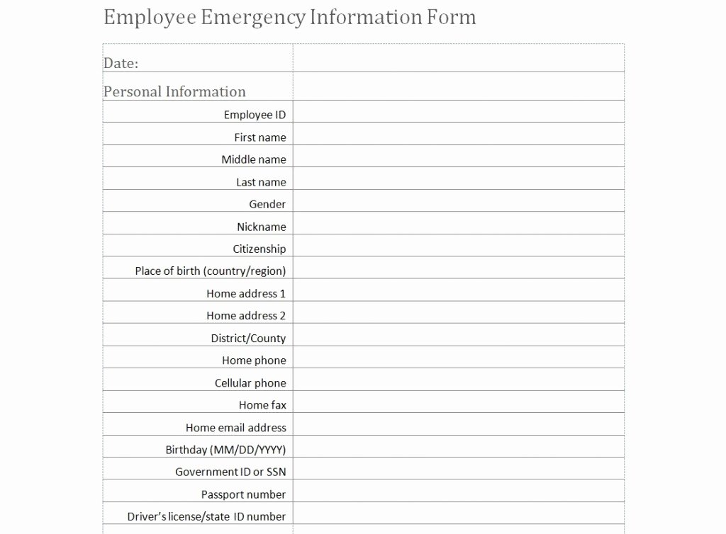 Employment Information form Template Unique Employee Emergency Information form Template