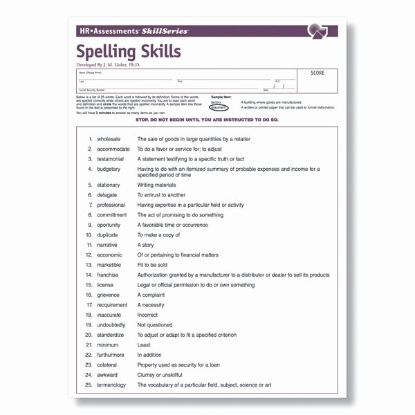 Employment Skills assessment Template Inspirational Spelling Skills Test