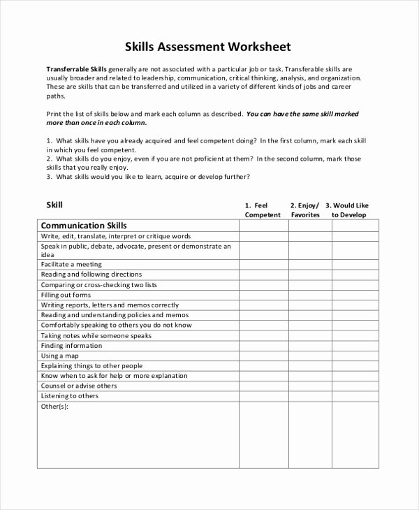 Employment Skills assessment Template Unique Sample Skills assessment forms 10 Free Documents In
