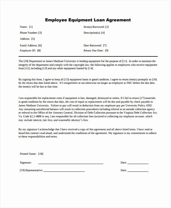Equipment Loan Agreement Template Unique Employee Equipment Loan Agreement Template Equipment
