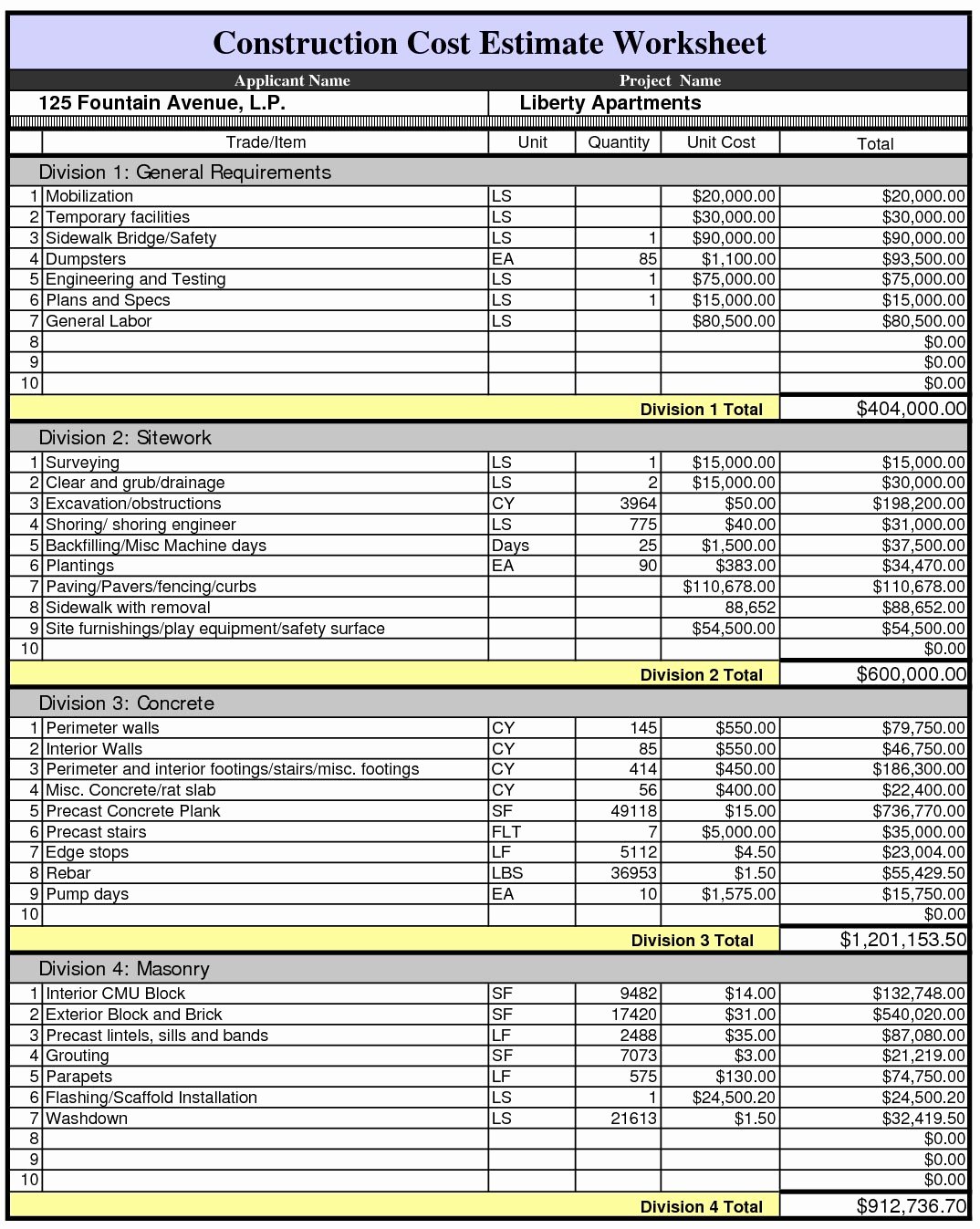 Estimating Template for Construction Fresh Construction Estimate Template Excel Example Of Spreadshee