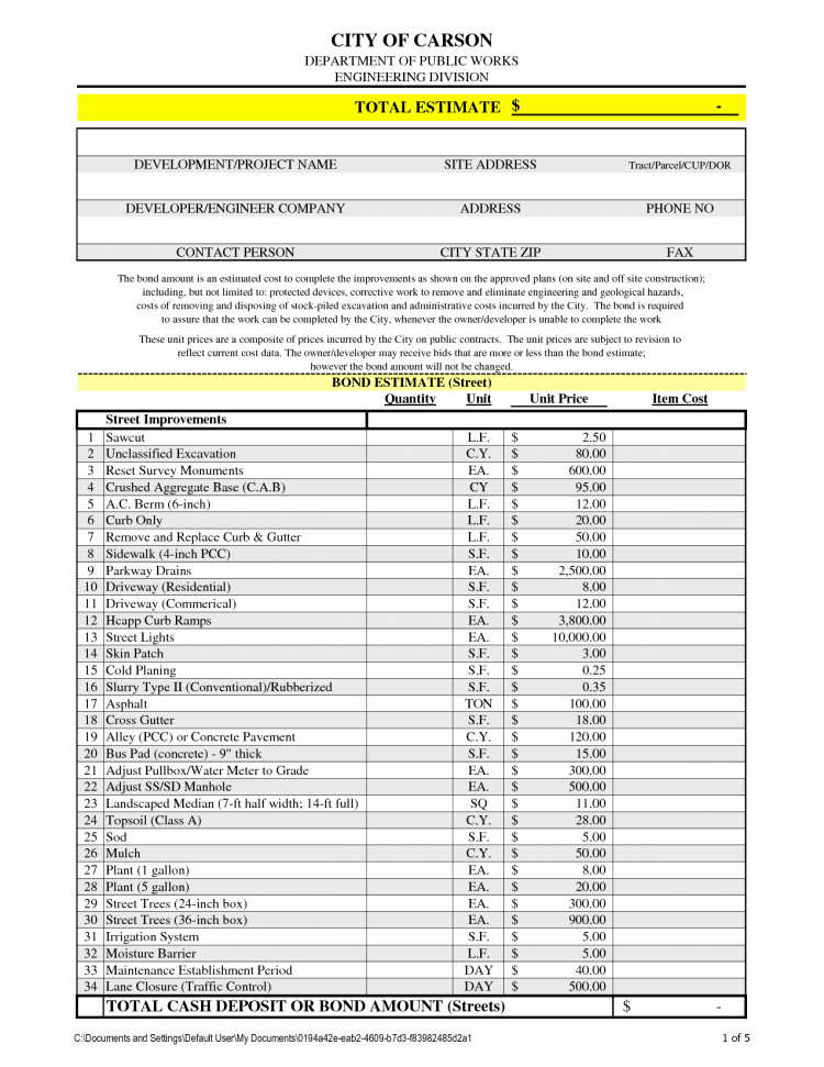 Estimating Template for Construction Fresh Construction Estimate Template