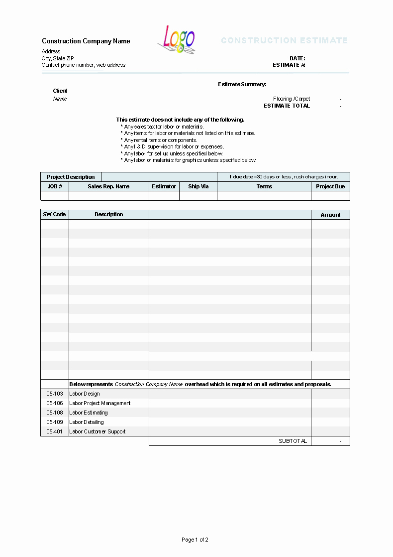 Estimating Template for Construction Inspirational Construction Estimate Template Uniform Invoice software