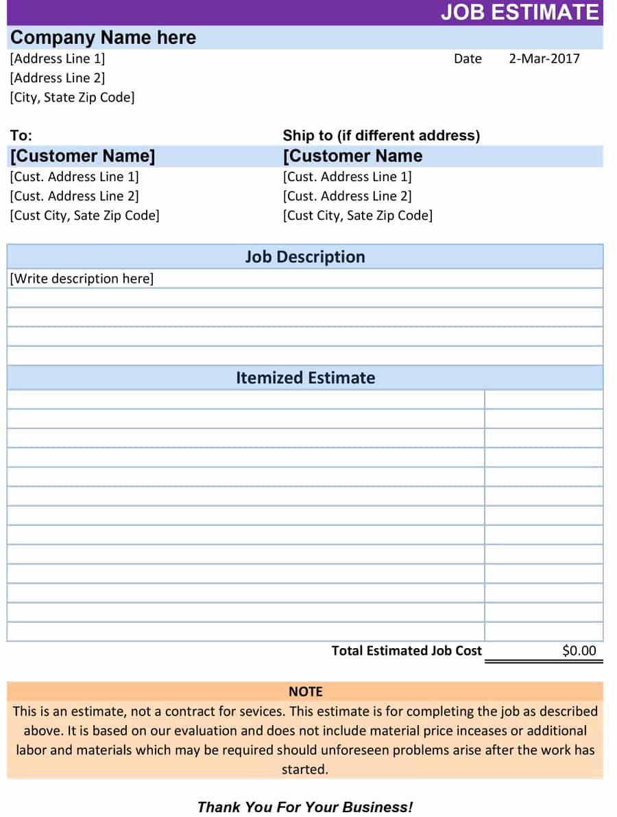 Estimating Template for Construction New Construction Job Estimate Template Free Example Of