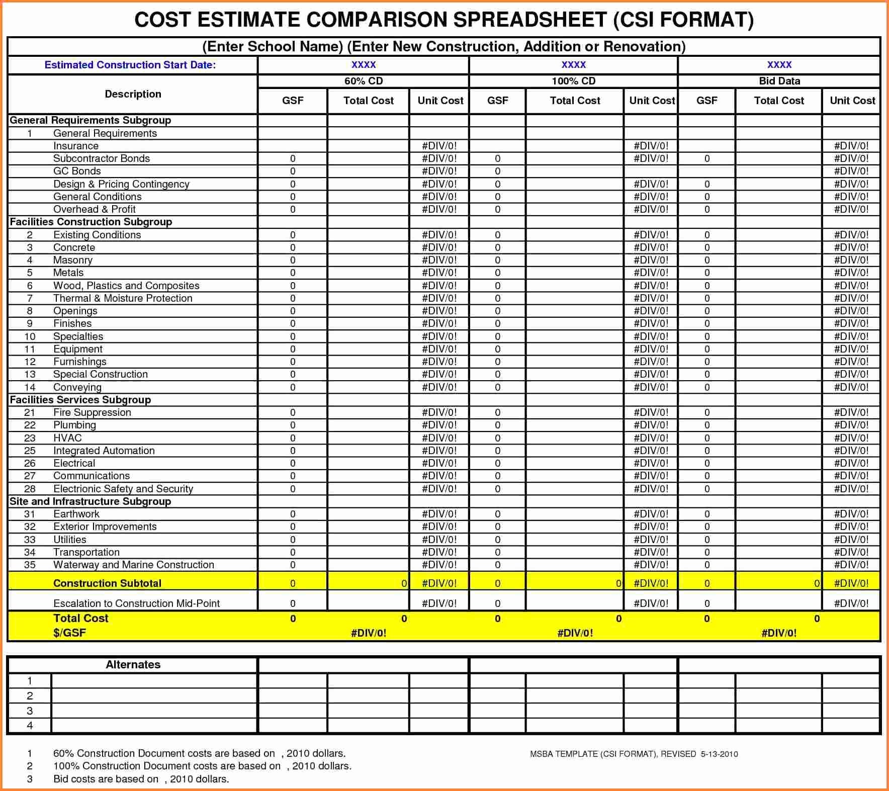 Estimating Template for Construction Unique 9 Building Construction Estimate Spreadsheet Excel