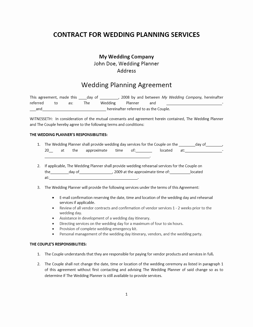 Event Planning Contract Template Free Awesome Wedding Planner Contract Template