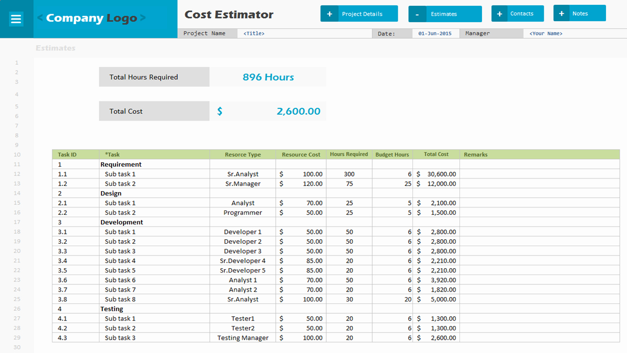 Excel Cost Estimate Template Inspirational Cost Estimator Excel Project Management Templates