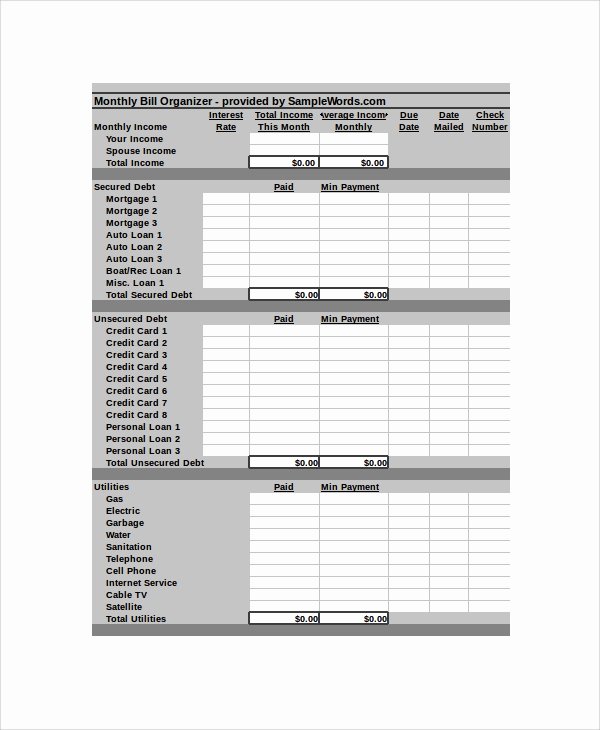 Excel Monthly Bill Template Awesome 9 Bill organizer Samples