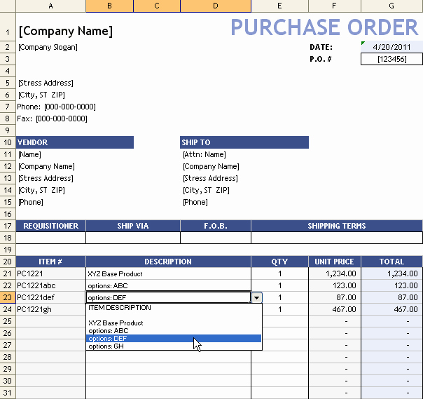 Excel order form Template Awesome Purchase order with Price List