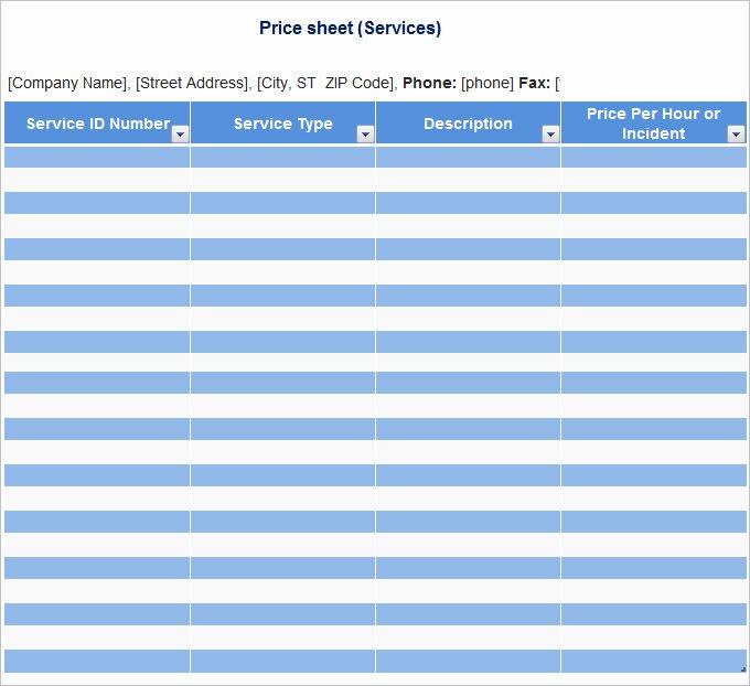 Excel Price Sheet Template Elegant Pricing Sheet Template Excel Templates