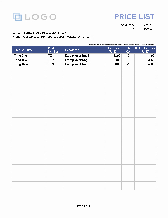 Excel Price Sheet Template Fresh Printable Price List Template for Excel