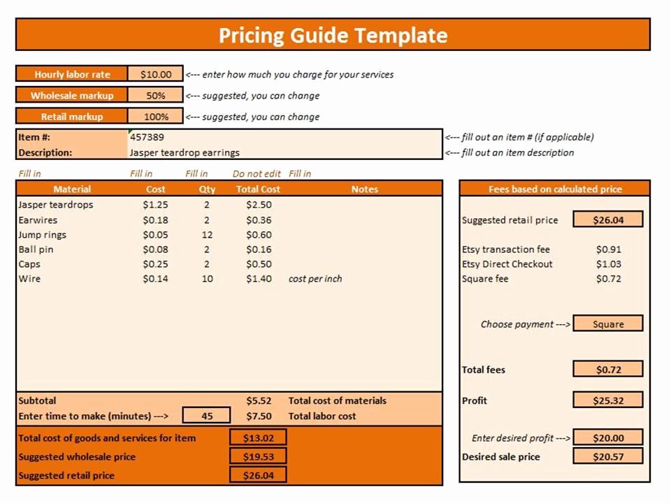 Excel Price Sheet Template New Etsy Pricing Guide Excel Template Pricing Template Pricing